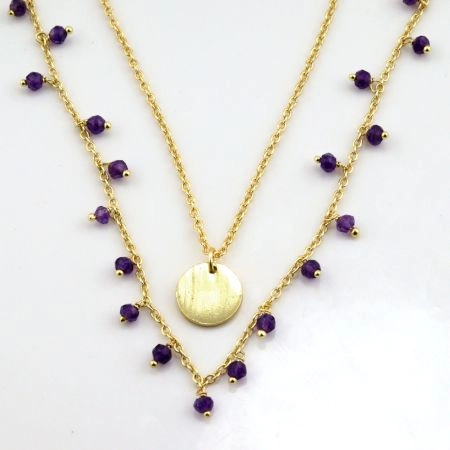 Amethyst beads with disc necklace, Two layer Brass necklace, 22k gold plated